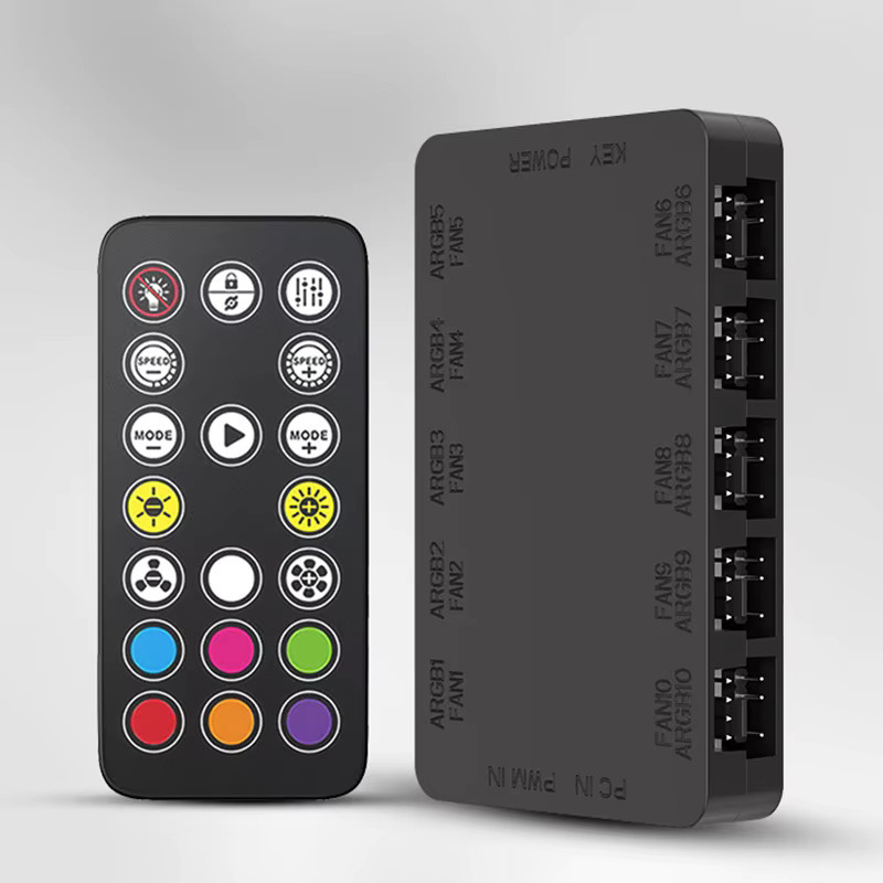 TEUCER J-10E 10 in 1 Hub Schwarz: 12V 4Pin PWM und 5V 3Pin ARGB Adressierbarer RGB Splitter für PC Lüfter und Kühler - Bild 2