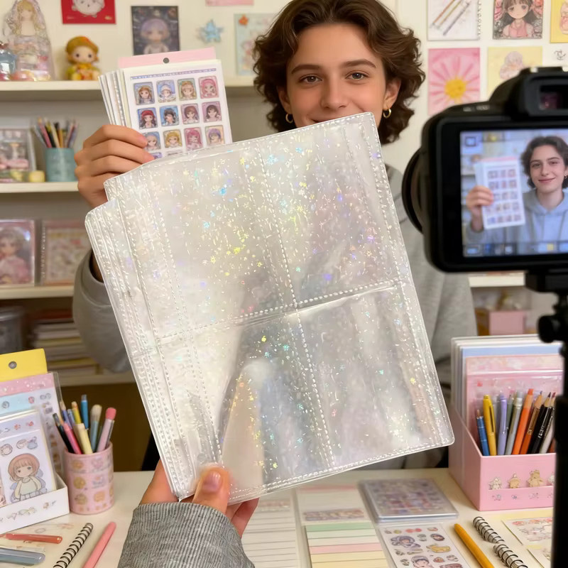 kissbuty A5 Laser-Regenbogen-Stern Sammelhüllen für Kpop Fotokarten-Alben, 10 Stück, 6-Ring Nachfüllseiten, Transparent - Bild 2