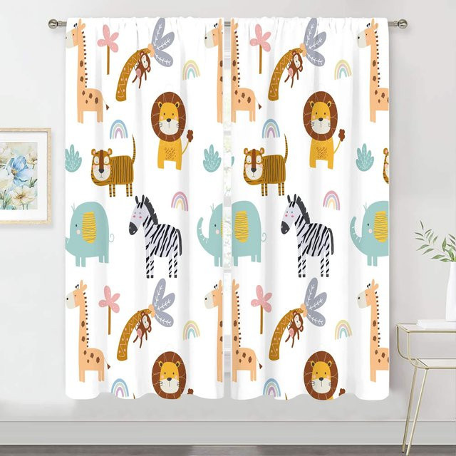 Yiran Furniture Safari Tiere Vorhänge für Kinderzimmer mit Dschungel-Motiv, Mehrfarbig, 2er-Set inklusive Haken, B: 60 cm x H: 60 cm pro Stück - Bild 1