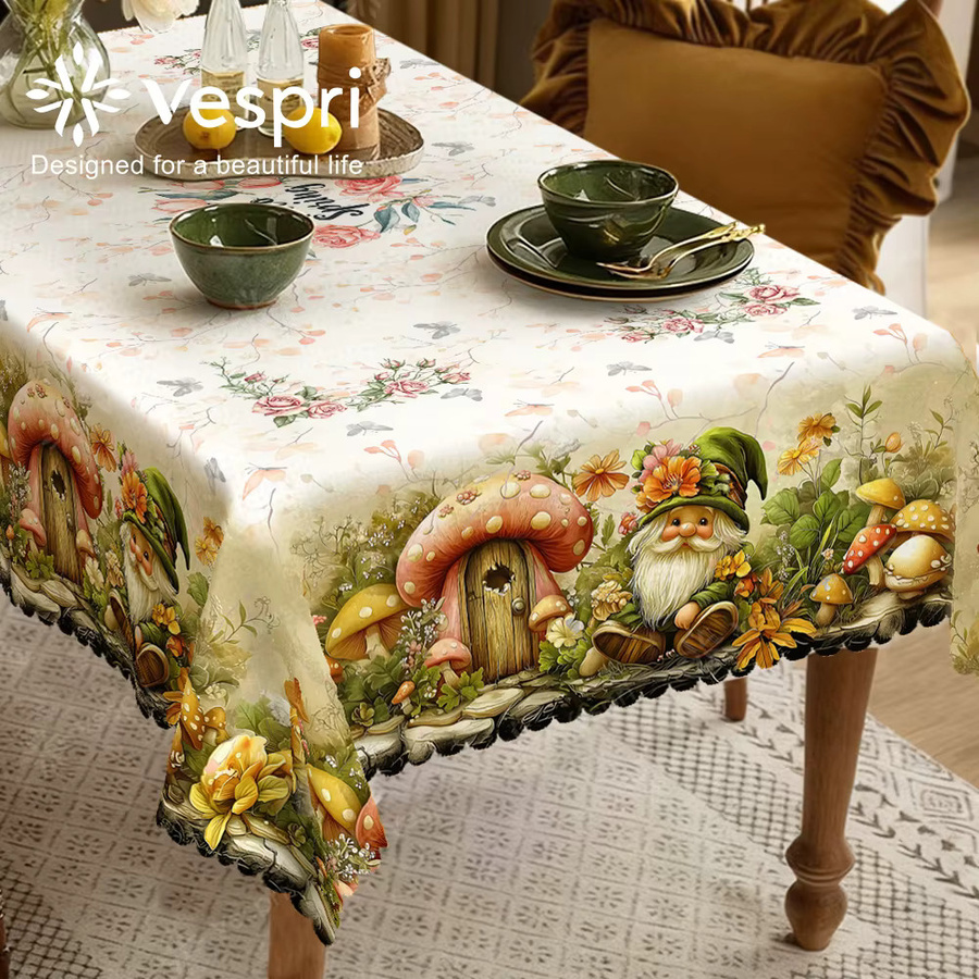 Vespri Florale Pastell-Oster-Tischdecke in Weiß-Gelb mit Gnom-, Pilz- und Blumendruck für runde Tische - Bild 3