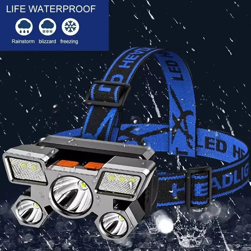 KDULIT Ultrahelle wiederaufladbare LED-Stirnlampe mit 5 LEDs in Schwarz für Outdoor, Camping und Arbeit - Bild 2