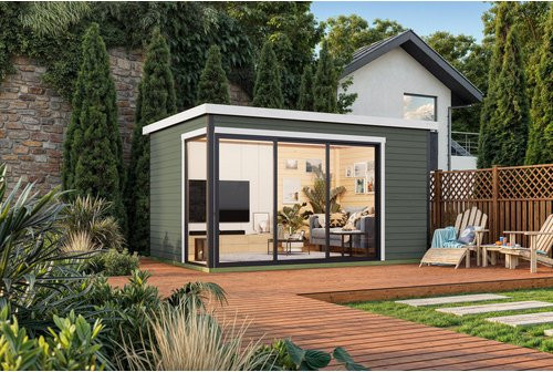 Lasita Gartenhaus Austin Blockbohlenhaus mit Flachdach in Grau-Grün lasiert, B/H/T: 439,6 x 239,4 x 319,6 cm - Bild 1