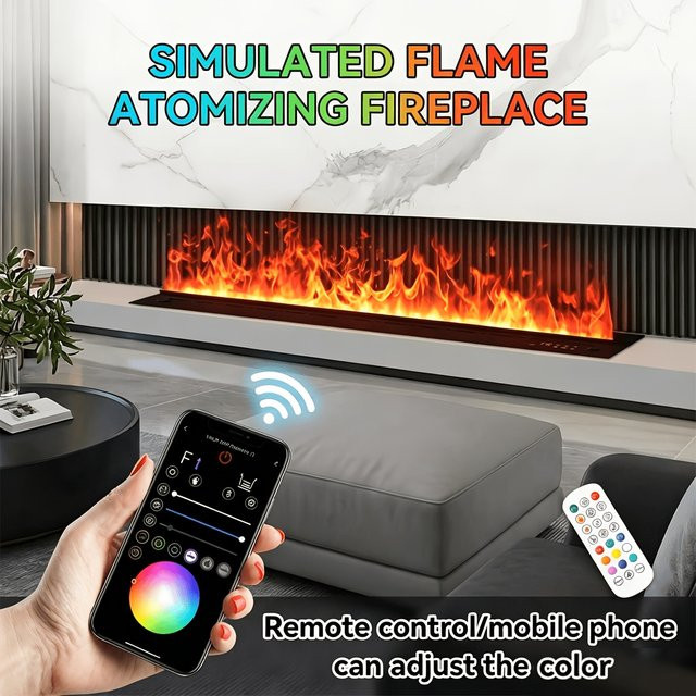 AFLYEVER 3D Smart Elektrokamin in Schwarz mit integriertem Luftbefeuchter, LED-Flammeneffekt und Kaminholz-Soundeffekt aus Glas - Bild 1