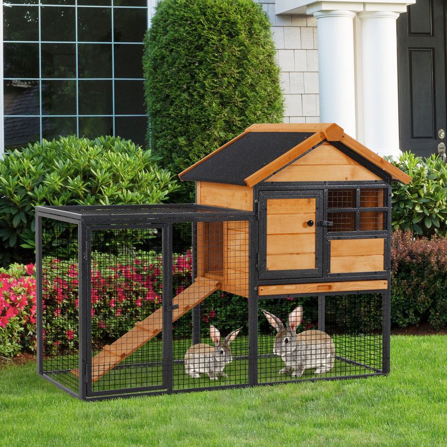 PawHut Kaninchenstall aus Holz und Metall mit abschließbarer Tür, wetterfestes Haustierhaus für kleine Tiere in Gelb und Grau, B/T/H: 122 x 63 x 92 cm, Aosom - Bild 2