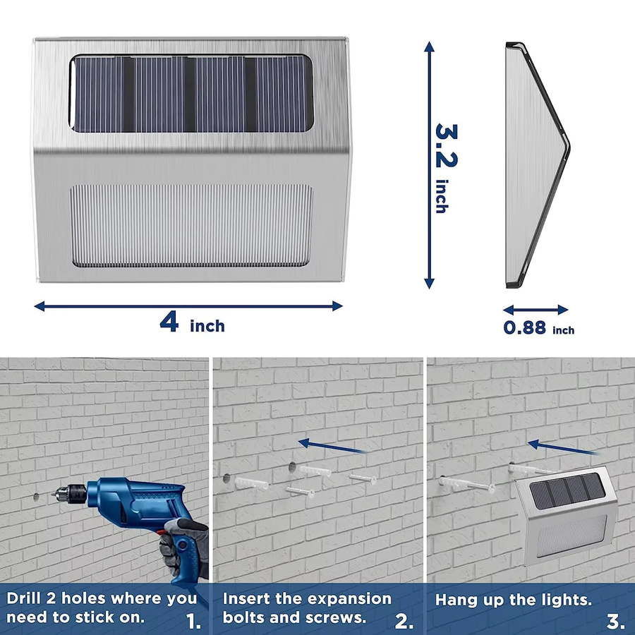 ZTree Solar-Stufenleuchten aus Edelstahl in Silber mit 3 LEDs, IP65 wasserdicht für Garten, Terrasse und Treppen - Bild 6