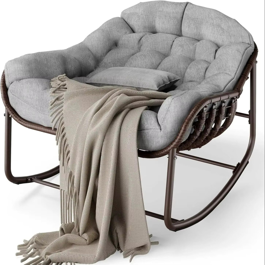 HiMISS Rattan-Schaukelstuhl als moderner Übergroßer Lounge-Eierstuhl aus Polyrattan mit Polsterung in Weiß und Grau - Bild 6