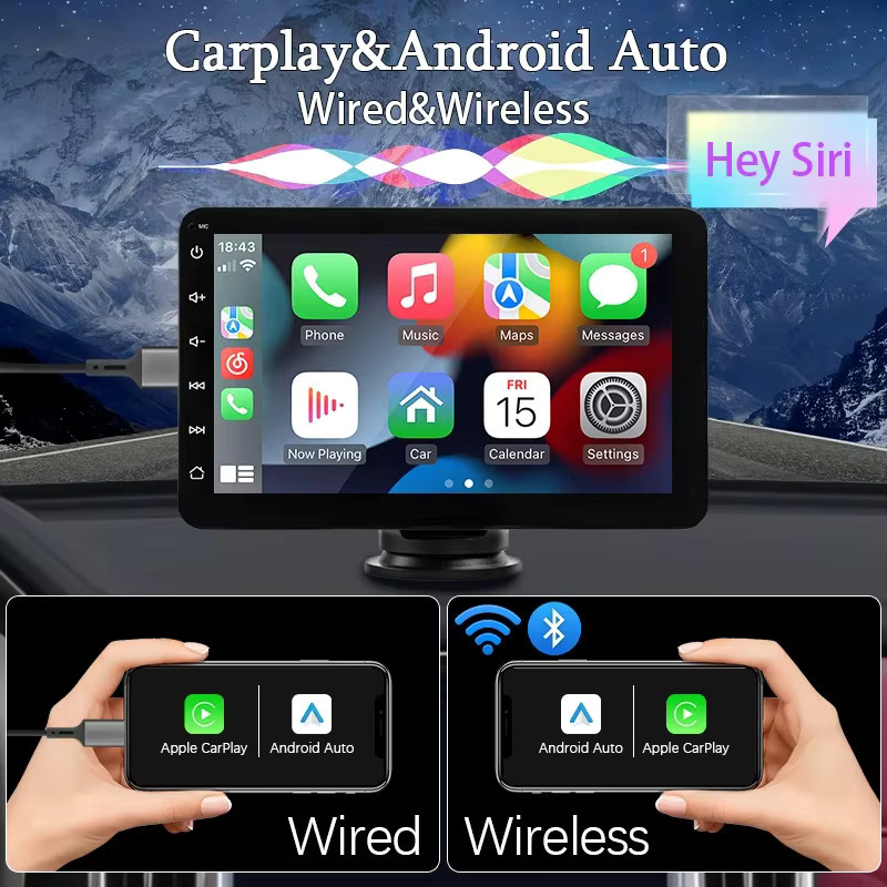 SINOVCLE 7 Zoll Tragbarer Drahtloser Carplay und Android Auto Multimedia Player mit IPS Touchscreen, Bluetooth, AUX und USB in Schwarz - Bild 2