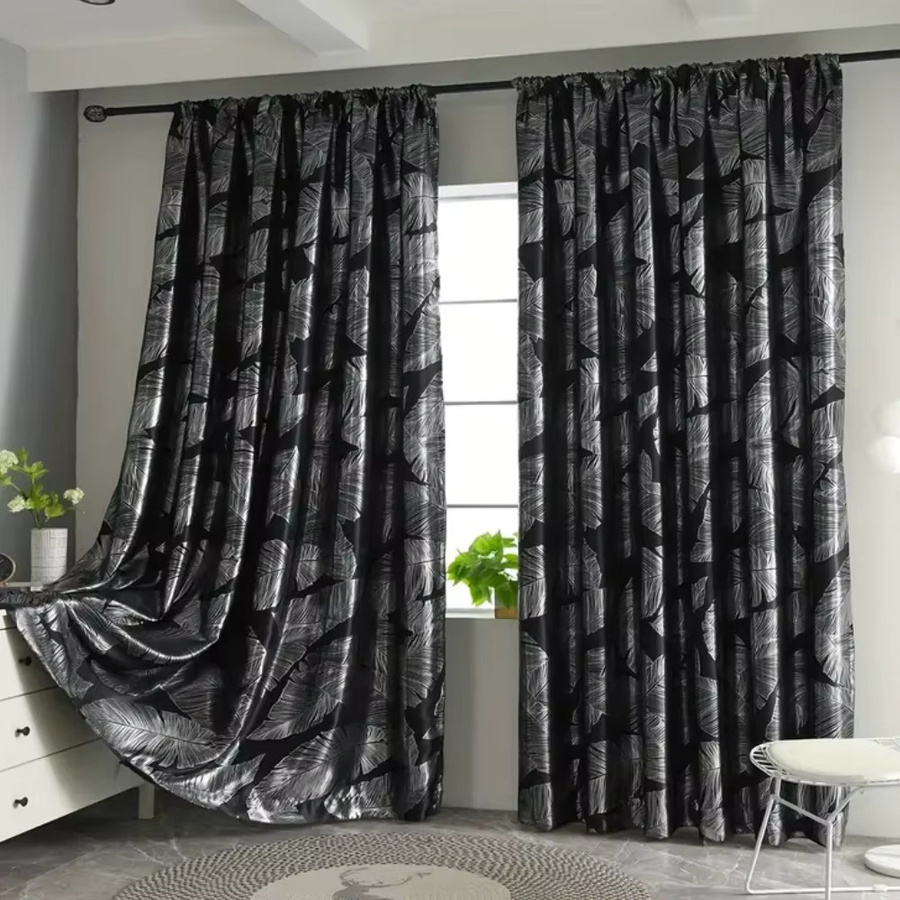 CENTURyMiG Verdunkelungsvorhang mit floralem Blattmuster in Silber und Blau, lichtblockierender Satin-Stoff, Breite: 200 cm, Höhe: 200 cm - Bild 2