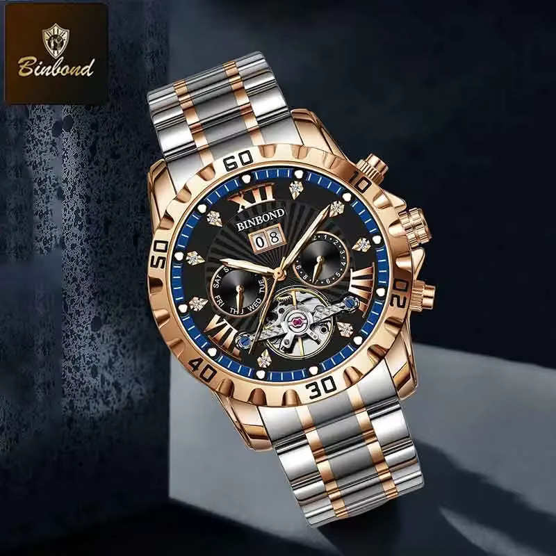 BINBOND Armbanduhr Automatik, Tourbillon Skeleton, Edelstahl, Silber, Herren - Bild 2