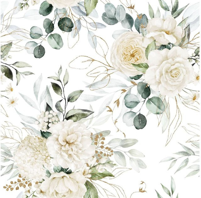 Serviette Eucalyptus and Roses in Weiß, B: 33,0 cm, H: 20,0 cm - Bild 1