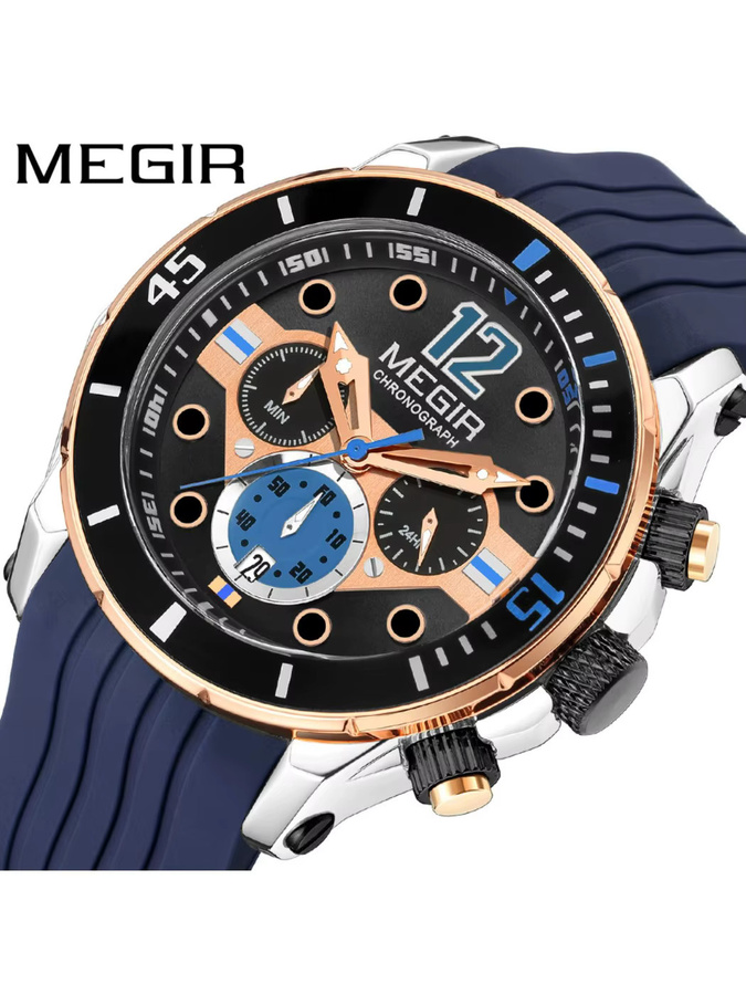 MEGIR Chronograph, Quarzuhr, Silikonarmband, Schwarz, Herren - Bild 5
