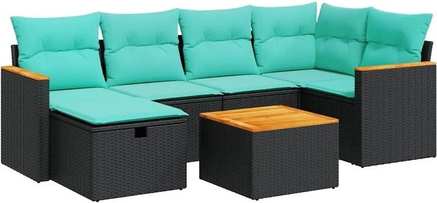 vidaXL 7-teilige Garten-Sofagarnitur aus Poly-Rattan in Schwarz mit Kissen und Couchtisch - Bild 1