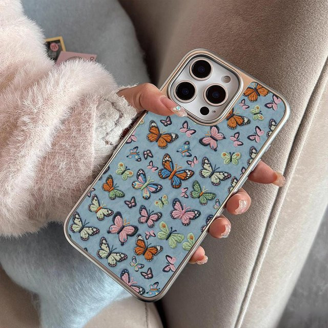 DecoPhone Sturzsichere Handyhülle mit bestickten bunten Schmetterlingen und Silberkante in Mattiert für iPhone 11 bis iPhone 17 Pro Max, Multicolor/Silber - Bild 1