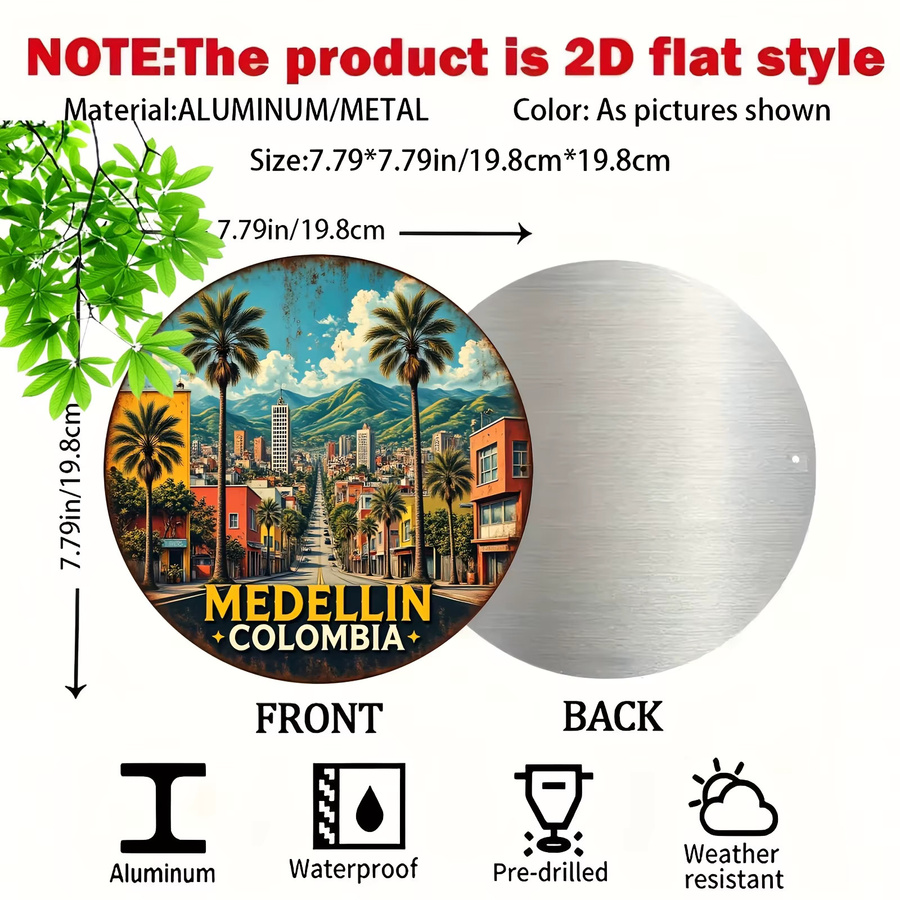 Potdemiel Vintage Wandkunst Medellin Kolumbien Rundes Aluminiumschild Bunt mit Stadtbild Palmen und Bergen Durchmesser: 20 cm - Bild 2
