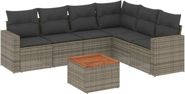 vidaXL 7-tlg Garten-Sofagarnitur aus Poly Rattan und Akazienholz in Grau mit Kissen Modell 43 - Bild 1