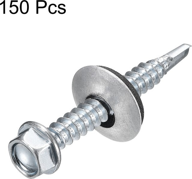 Uxcell 150 Stück selbstbohrende Sechskantschrauben mit EPDM-Gummischeiben, verzinkter Stahl in Silber, #12 und #14 für Metall - Bild 1