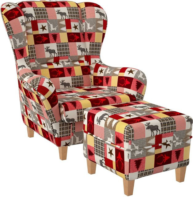 Supellex Sofia Ohrensessel mit Hocker im Landhaus-Design aus Samtstoff in Multicolour - Bild 1