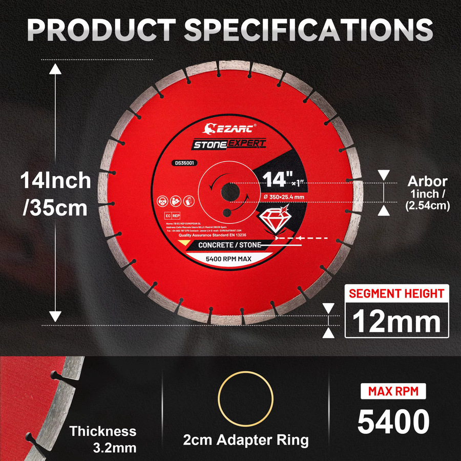 EZARC Diamant-Trennscheibe 350 mm Segmentiertes Beton-Sägeblatt in Rot für Trocken- oder Nassbearbeitung von Beton, Granit, Mauerwerk und Ziegel - Bild 3