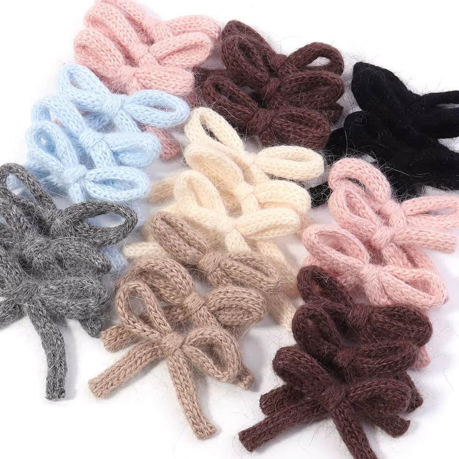 6er Set handgemachte Schleifen aus Baumwolle und Plüsch in Bunt, Gestrickte Blumen-Bowknots für Bastelarbeiten und Geschenke, B/H: 5 x 7 cm - Bild 6