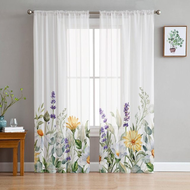 Transparente Tüll Voile Vorhänge mit floralem Frühlingsgänseblümchen Lavendel Eukalyptus Muster in Weiß, Breite: 135 cm, Höhe: 115 cm - Bild 1