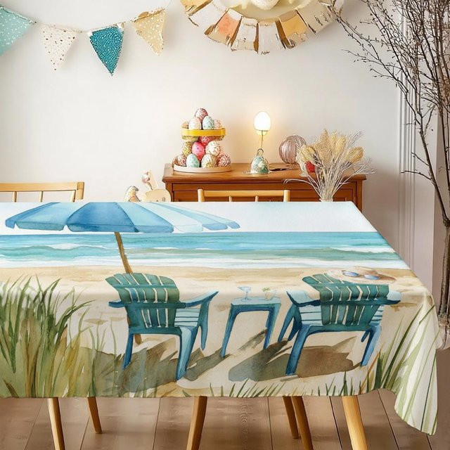 Rechteckige Tischdecke mit Strandmotiv von JINGYUE Pet, wasserabweisend und waschbar, Mehrfarbig, B x L: 140 x 180 cm - Bild 1