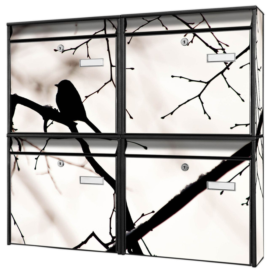 banjado Burg Wächter Briefkastenanlage für 4 Parteien in Schwarz mit Motiv Früher Vogel, B/H/T: 64,5 x 72,5 x 10 cm, verzinkt und lackiert - Bild 1