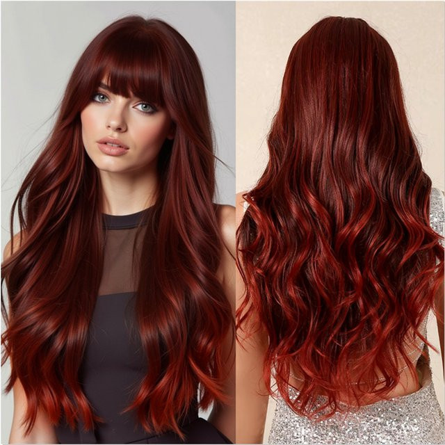 HAIRCUBE Perücke, burgunderrot, gewellt, Ombre, mit Pony, Kunsthaar, Damen - Bild 1