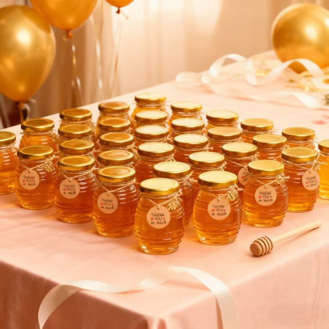 Mini-Glas-Honiggläser-Set aus transparentem Glas mit Golddeckeln und Zubehör, inklusive Holz-Dipperstäbchen und Bienenfiguren, 70 ml - Bild 1