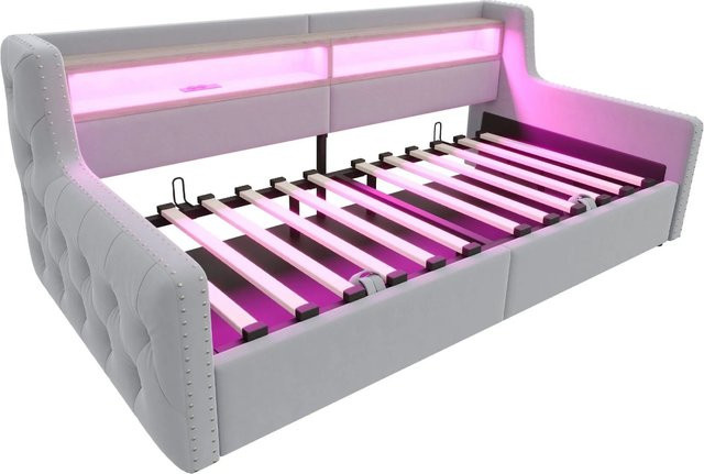 Merax Schlafsofa mit LED-Beleuchtung und USB-Ladefunktion, Hellgrau, B/T/H: 90 x 200 cm - Bild 1