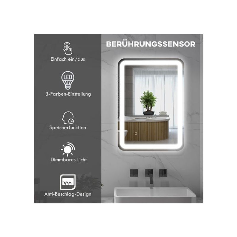 Kleankin LED Badezimmerspiegel mit Touchschalter und dimmbarer CCT-Beleuchtung, Farbe: Weiß, B/H: 50 x 70 cm, IP44 - Bild 3