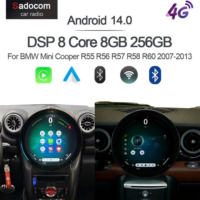 Sadocom Android 14 Autoradio-Player mit Carplay und DSP, 11,7 Zoll Multimedia-Navigationssystem für BMW Mini Cooper R55 R56 R57 R58 R60 (2007-2013), 8GB RAM, 128GB ROM, Schwarz - Bild 1