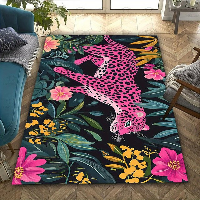 Wucifang Bodenläufer Dschungel Pink Leopard Floral, moderner Teppich aus Polyester für Wohnzimmer, Schlafzimmer oder Büro, B: 60 cm, T: 40 cm - Bild 1