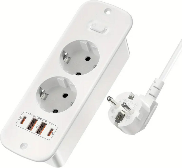 DODOYESANA Steckdosenleiste mit 2 AC-Steckdosen, 2 USB-A und 2 USB-C Anschlüssen in Weiß, 2 m Verlängerungskabel, 4000 W, EU-Stecker - Bild 1