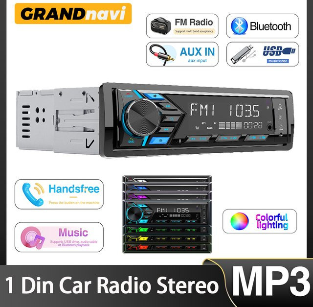Grandnavi 1DIN Stereo Autoradio mit Bluetooth, MP3-Player, FM-Empfänger und Dash-Kit in Schwarz - Bild 1