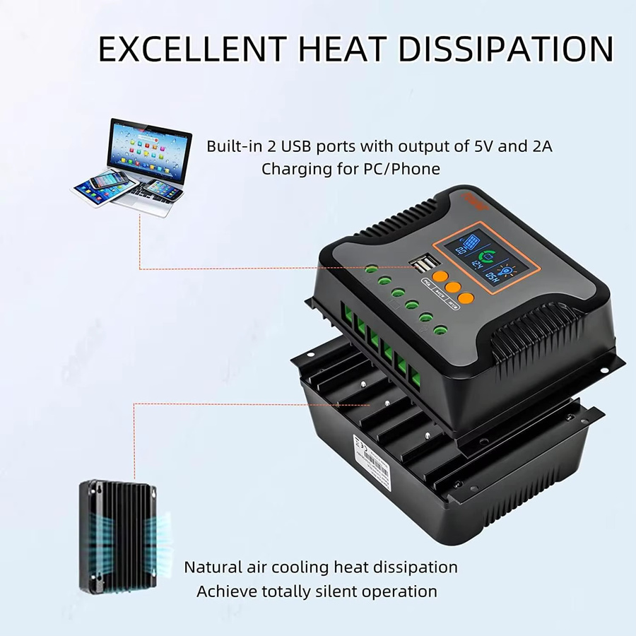 PowMr Pstar Serie PWM Solar-Laderegler in Schwarz für 12/24/36/48V Systeme mit PV-Max-Eingang 100V und 3-Stufen-Ladung für LiFePO4, Gel- und Blei-Säure-Batterien - Bild 5