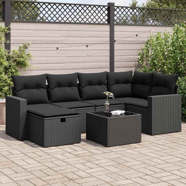 vidaXL 7-teilige Garten-Sitzgruppe in L-Form aus Polyrattan mit Kissen, Schwarz - Bild 2
