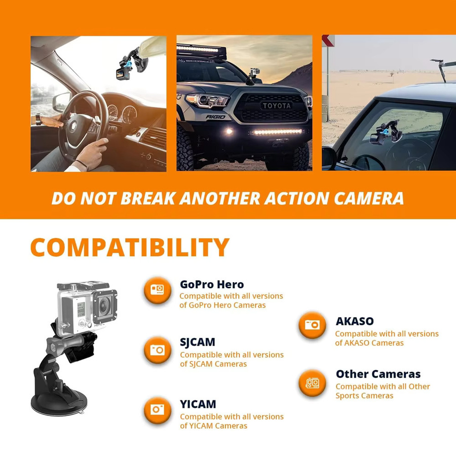EXSKOF Auto-Saugnapfhalterung für Action-Kameras in Schwarz, kompatibel mit GoPro Hero, SJCAM, AKASO, Insta360 und DJI OSMO Action - Bild 2