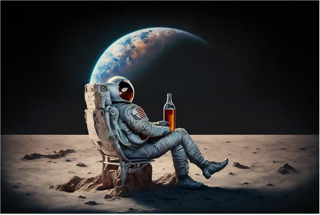 Moderne Leinwandmalerei PanitingArt Astronaut trinkt Bier auf dem Mond, Wandkunst in Gold und Multicolour, Breite: 50 cm, Höhe: 70 cm - Bild 1