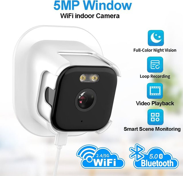 Abay 5MP WiFi Fenster Kamera mit 5GHz, Indoor Sicherheitskamera mit Farb-Nachtsicht und Bewegungserkennung in Weiß - Bild 1