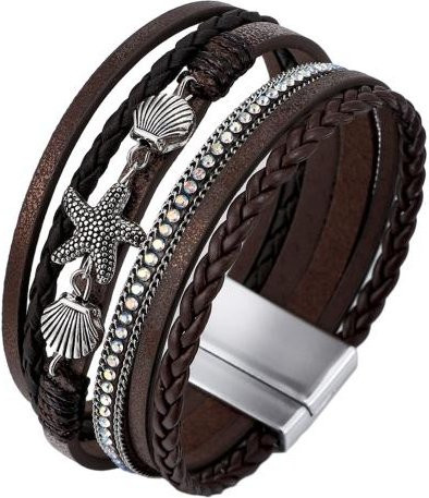 shenhuangwang Armband, mehrlagig, Kunstlederseil, Seestern, Muschel, braun, Damen - Bild 1