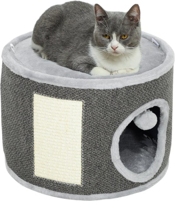 PawHut Kratztonne mit Höhle und integriertem Spielzeug aus Polyester und Plüsch, Cremeweiß, Durchmesser: 40 cm, Höhe: 30 cm - Bild 1
