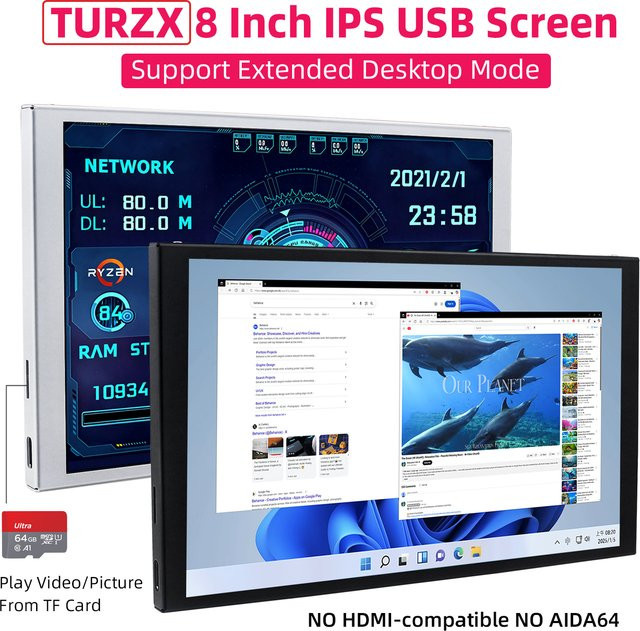 TURZX 8-Zoll USB-Sekundärbildschirm mit 1280 x 800 IPS LCD für CPU GPU RAM HDD Monitoring in Weiß - Bild 1