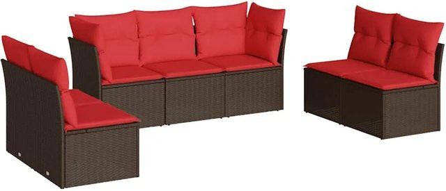vidaXL 7-teilige Garten-Sofagarnitur in L-Form aus Polyrattan mit Kissen in Braun und Rot - Bild 1