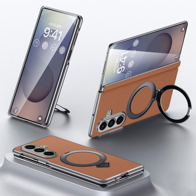 SULADA Leder MagSafe Ring Halter Hülle für Samsung Galaxy Z Fold7 5G in Braun - Bild 1