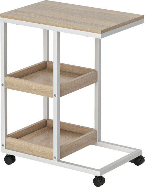 HOMCOM Beistelltisch in C-Form mit Rollen und 2 Ablagen, Stahlrahmen, Natur und Weiß, B/T/H: 51 x 33 x 66 cm - Bild 1
