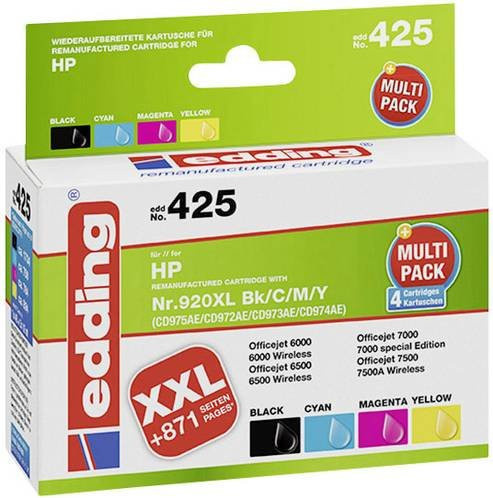 Edding Tintenpatronen Kombi-Pack kompatibel mit HP 920 und 920XL in Schwarz, Cyan, Magenta und Gelb - Bild 1