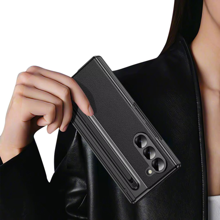 veekhool Leder-Handyhülle mit S Pen Halterung, Scharnierschutz und Displayschutz für Samsung Galaxy Fold6, Fold5 und Fold4 in Schwarz und Gold - Bild 2