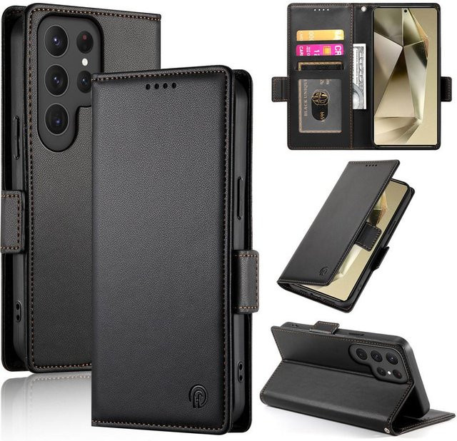 Flip Wallet Karten Slot Handyhülle aus PU Leder mit Ständer für Samsung Galaxy S25 S24 Ultra S23 S22 S21 S20 FE in Grau - Bild 1