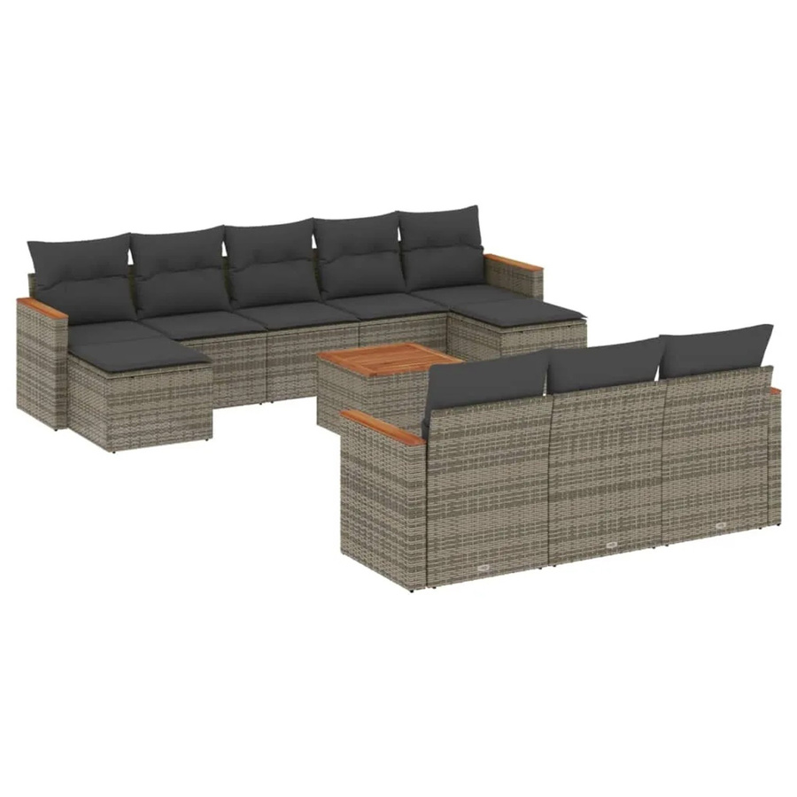vidaXL 11-tlg. Garten-Sofagarnitur in U-Form aus Polyrattan und Akazienholz mit grauen Kissen - Bild 2