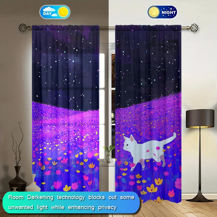 2er-Set halbtransparente Vorhänge mit Katzen- und Blumenmuster in Lila, moderne Fensterdekoration mit Stangentasche, Breite: 52,5 cm, Höhe: 116 cm - Bild 3